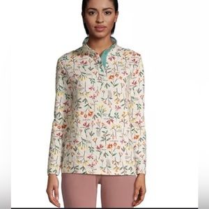 Lands End White Wildflower All Over Pattern Quilted Snap T Pullover Sweater M